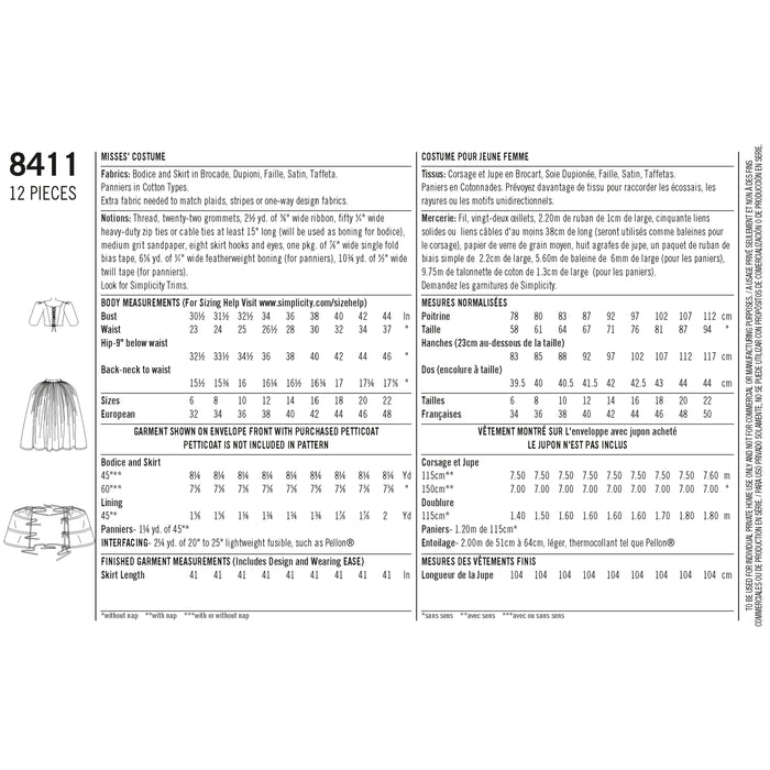 8411 Misses' 18th Century Costume. Size: 32-48