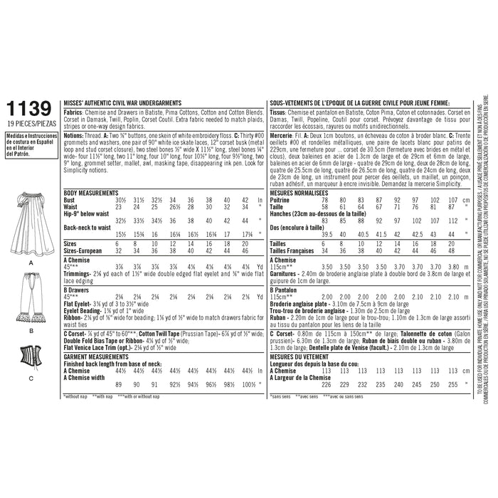 1139 Misses' Civil War Undergarments. Size: 32-46