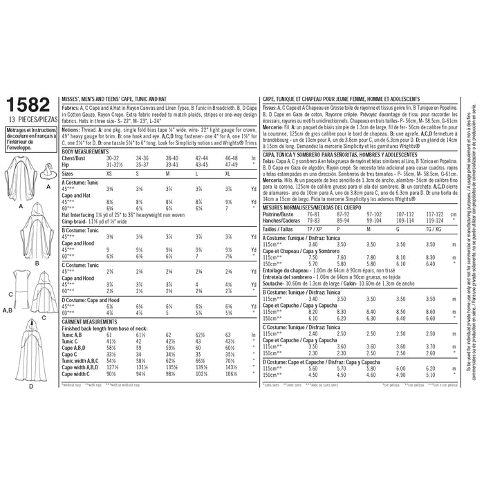 1582 Misses, Men and Teen Costumes. Size: XS-XL