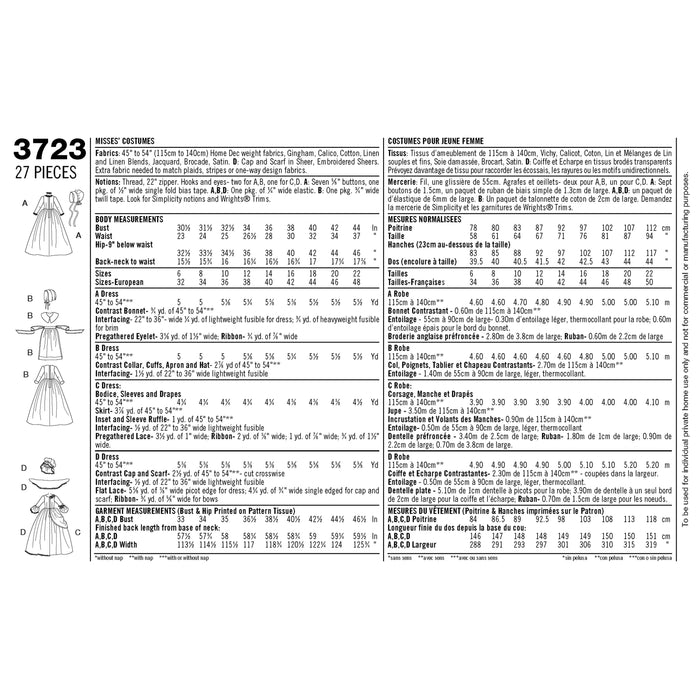 3723 Misses' Costume Dresses. Size: 32-48