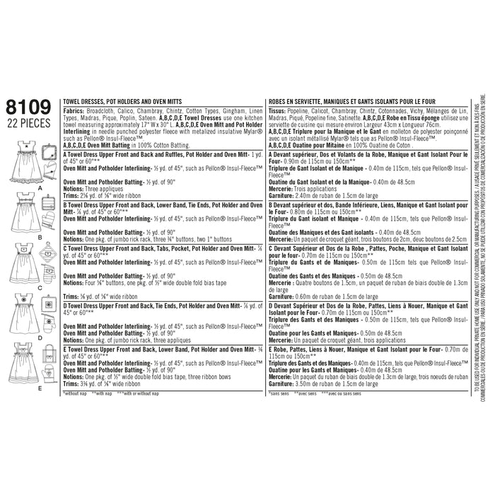 8109 Towel Dresses, Pot Holders and Oven Mitts. Size: One size