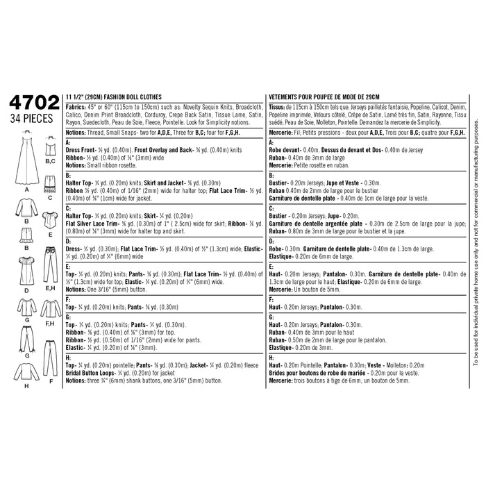 4702 for 11-1/2" Doll Clothes. Size: One Size