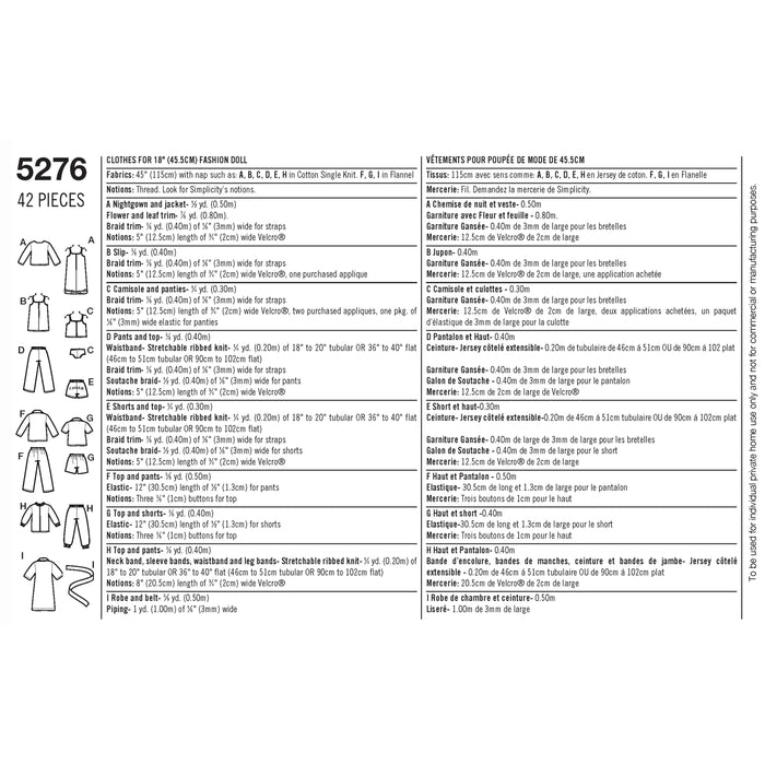 5276 for 18" Doll Clothes. Size: One Size