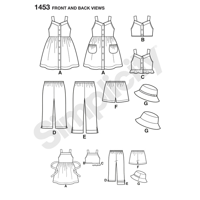 1453 Child's Dress, Top, Pants or Shorts and Hat. Size: 3-8 y