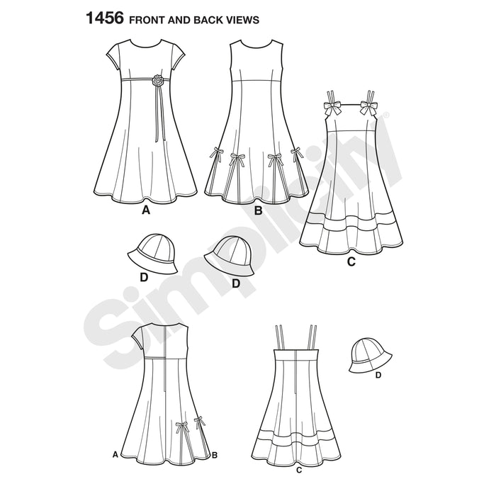 1456 Child's and Girls' Dress with Bodice Variations and Hat. Size: 3-14 y