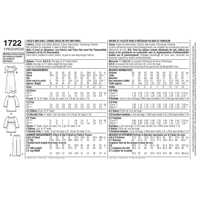 1722 Learn to Sew Child's and Girl's Loungewear. Size: 3-14 y