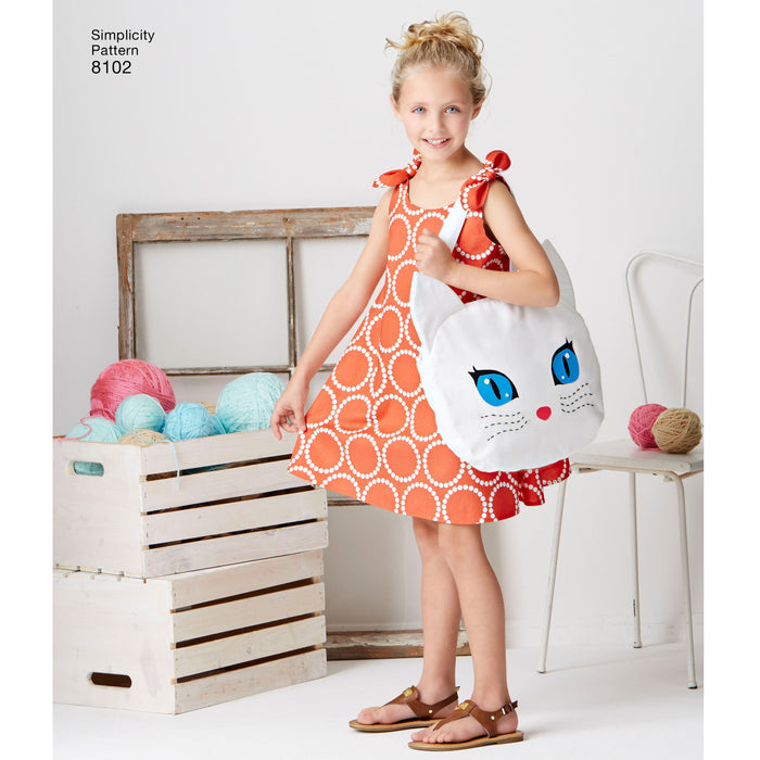8102 Child's Easy-to-Sew Sundress and Kitty Tote. Size: 3-8 y