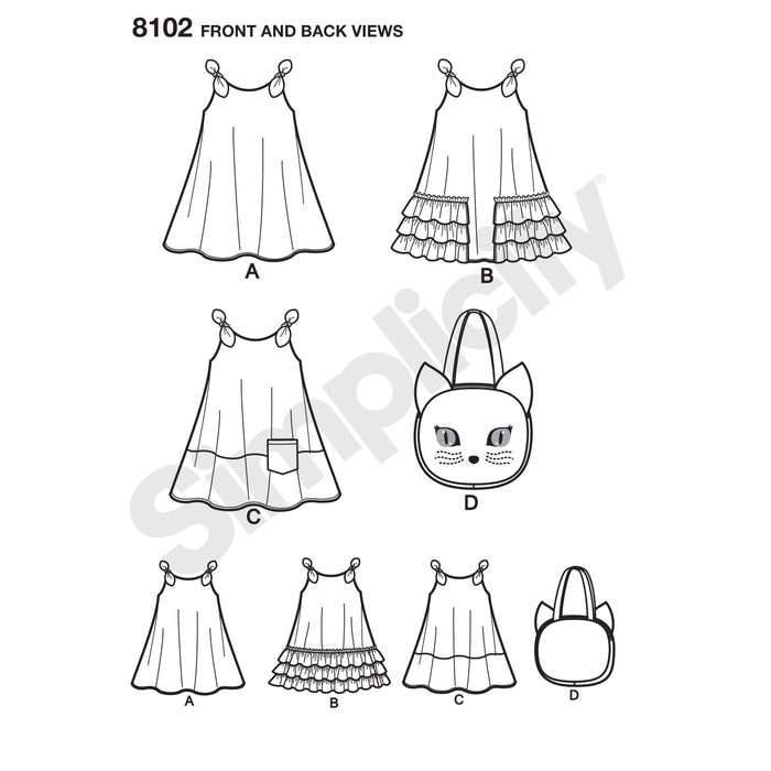 8102 Child's Easy-to-Sew Sundress and Kitty Tote. Size: 3-8 y