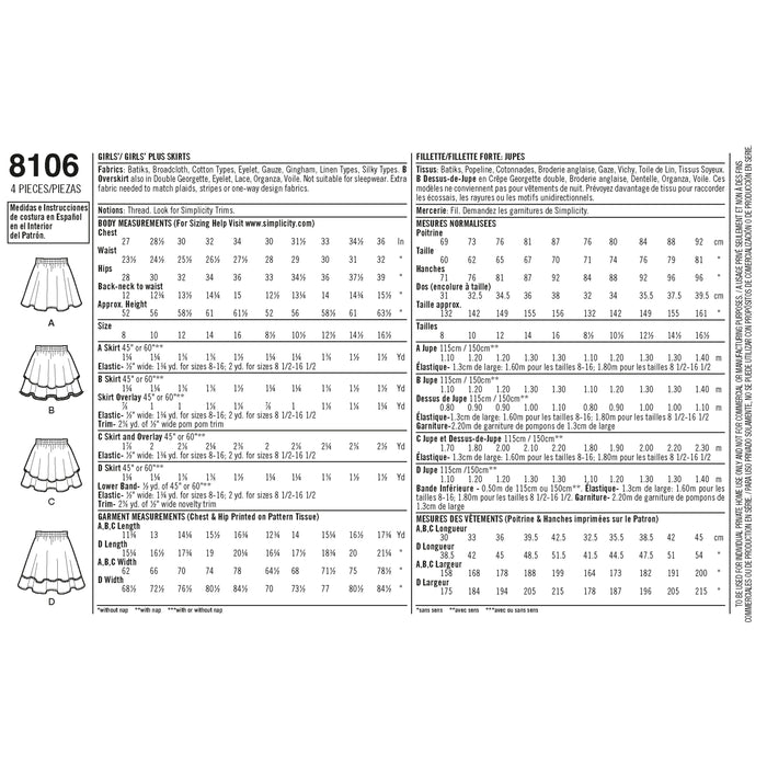 8106 Learn To Sew Skirts for Girls and Girls Plus. Size: 8-16 1/2 y