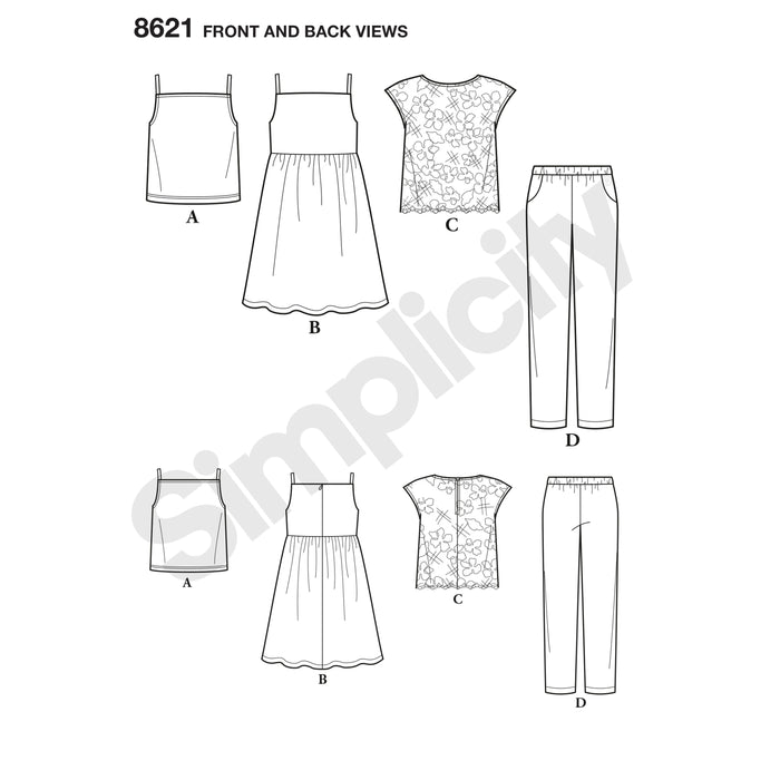 8621 Child's and Girls' Dress, Top, Pants and Camisole. Size: 3-14 y