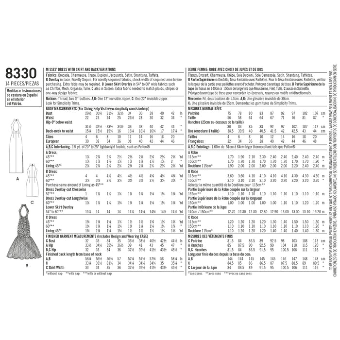8330 Misses' Dress with Skirt and Back Variations. Size: 30-46