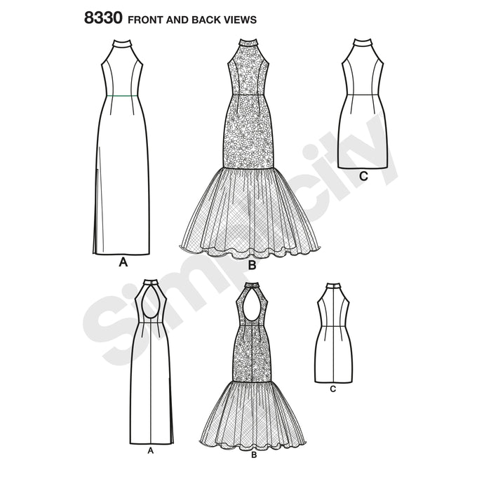 8330 Misses' Dress with Skirt and Back Variations. Size: 30-46
