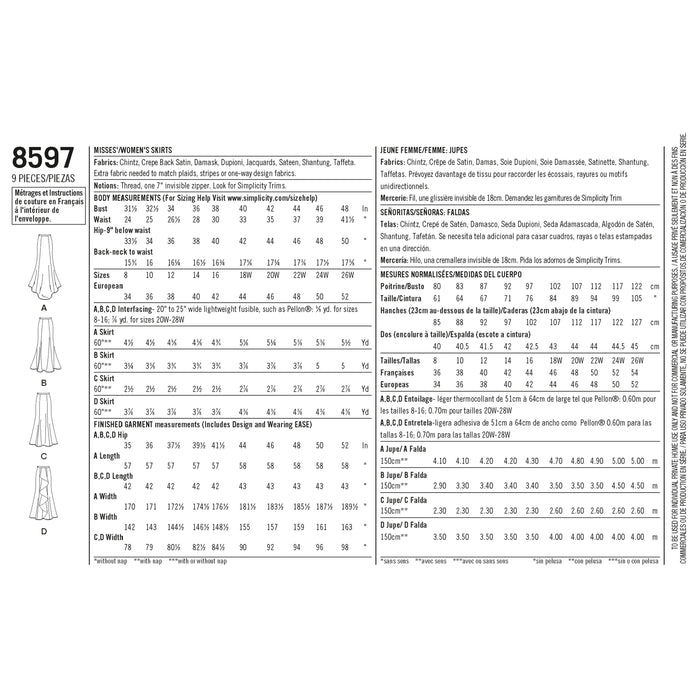 8597 Misses' and Women's Special Occasion Skirts. Size: 34-52