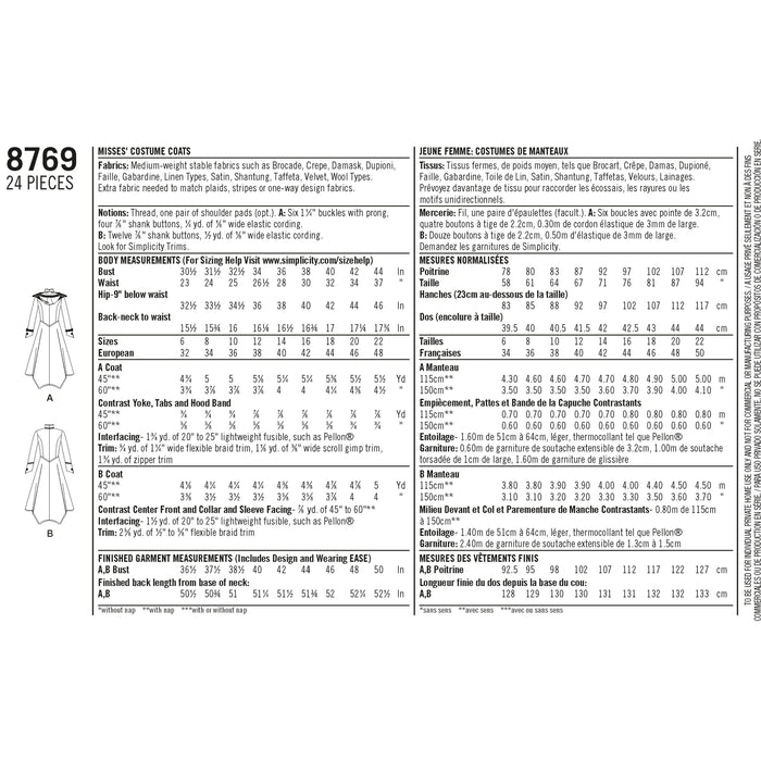 8769 Misses' Costume Coats. Size: 32-48