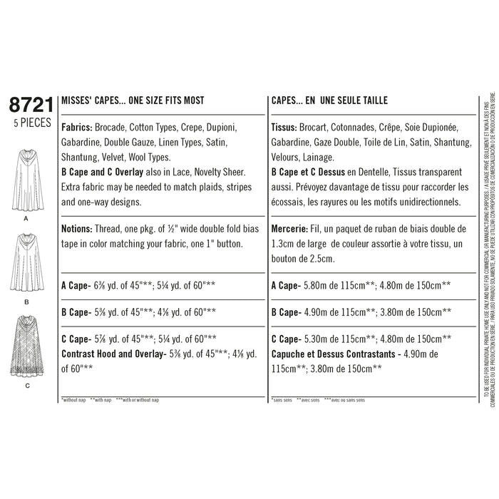 8721 Misses' Capes. Size: One size