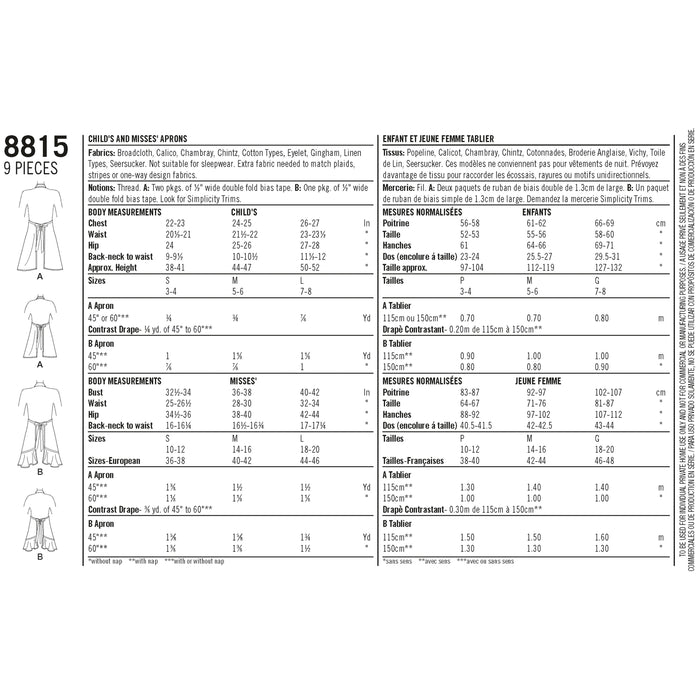 8815 Children's and Misses' Aprons. Size: Kid´s S-L (3-8 y) / Adults S-L (36-46)