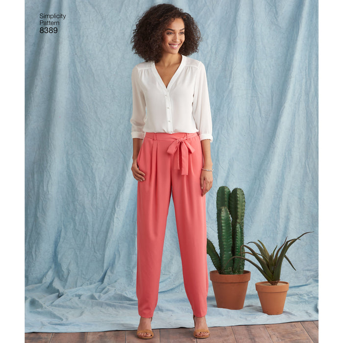 8389 Misses' Pants with Length and Width Variations and Tie Belt. Size: 32-48