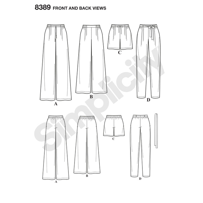 8389 Misses' Pants with Length and Width Variations and Tie Belt. Size: 32-48