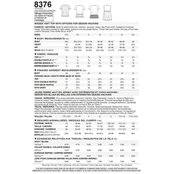 8376 Misses' Knit Top with Multiple Pieces for Design Hacking. Size: XXS-XXL