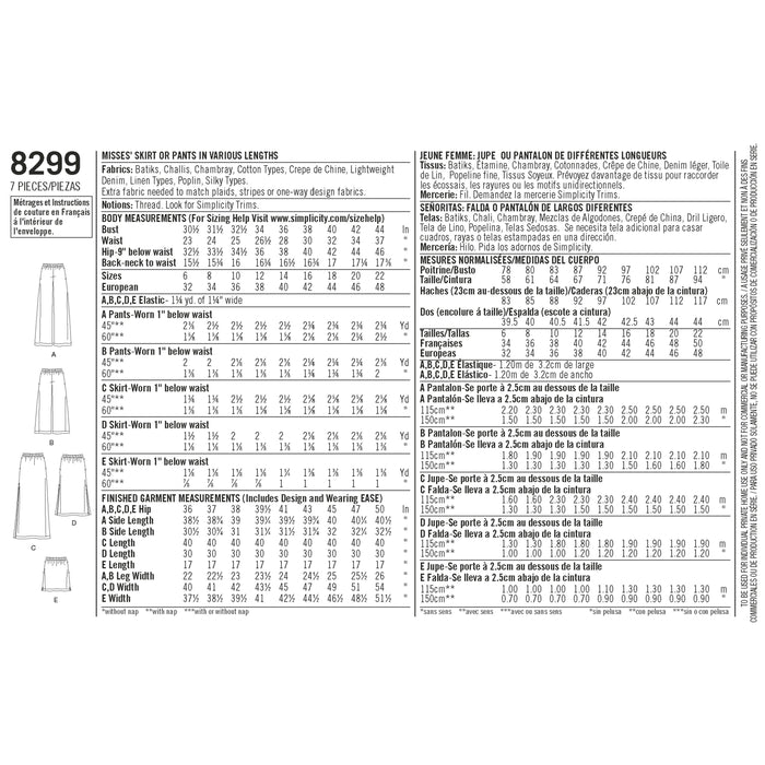 8299 Misses' Skirts or Pants in Various Lengths. Size: 32-48