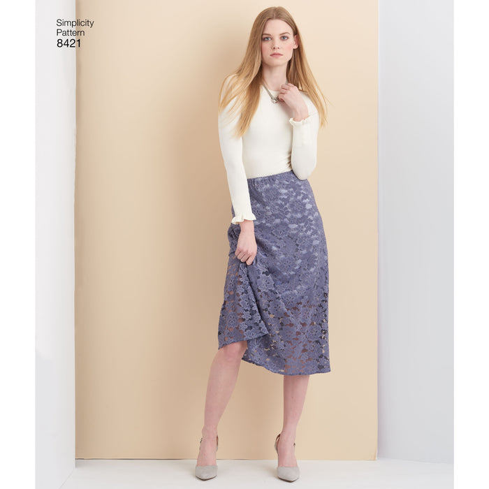 8421 Misses' Skirts in Three Lengths with Hem Variations. Size: 32-50