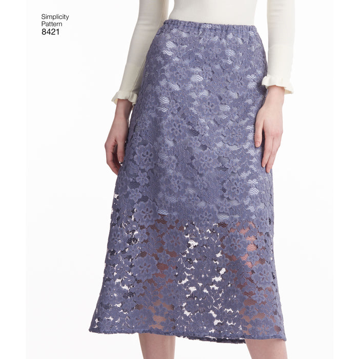 8421 Misses' Skirts in Three Lengths with Hem Variations. Size: 32-50