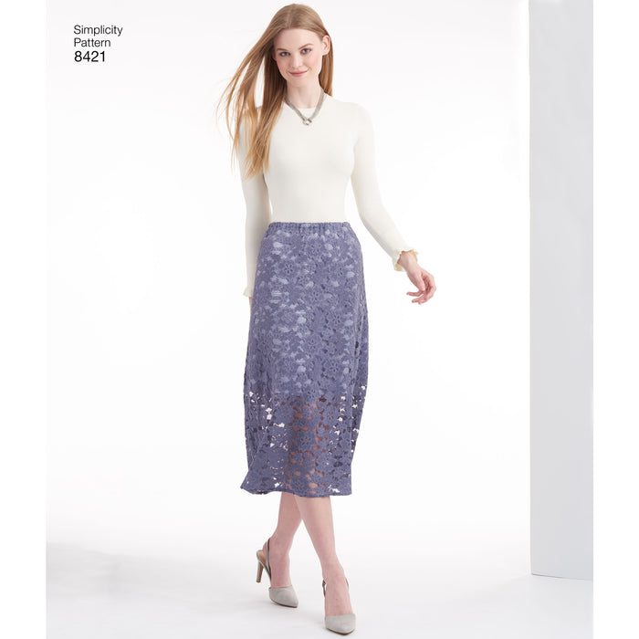 8421 Misses' Skirts in Three Lengths with Hem Variations. Size: 32-50