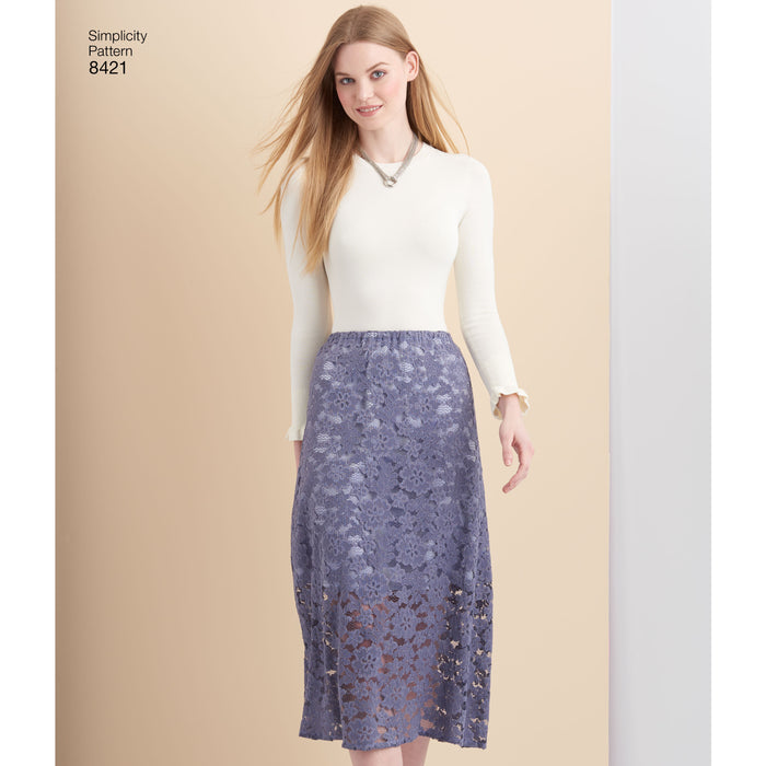 8421 Misses' Skirts in Three Lengths with Hem Variations. Size: 32-50