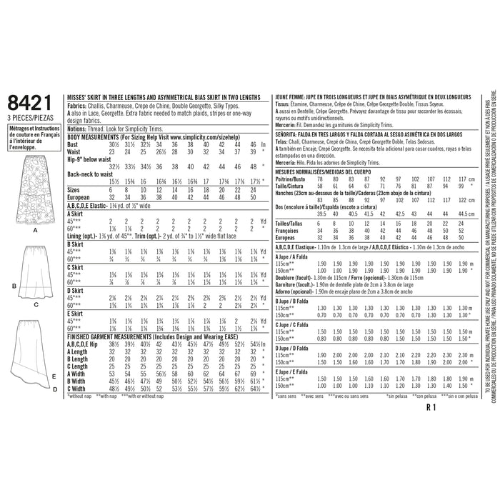 8421 Misses' Skirts in Three Lengths with Hem Variations. Size: 32-50