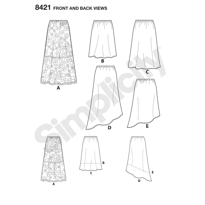 8421 Misses' Skirts in Three Lengths with Hem Variations. Size: 32-50