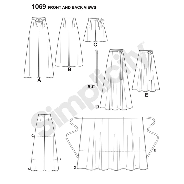 1069 Misses' Wide-Leg Pants or Shorts & Skirts in 2 Lengths. Size: 30-46