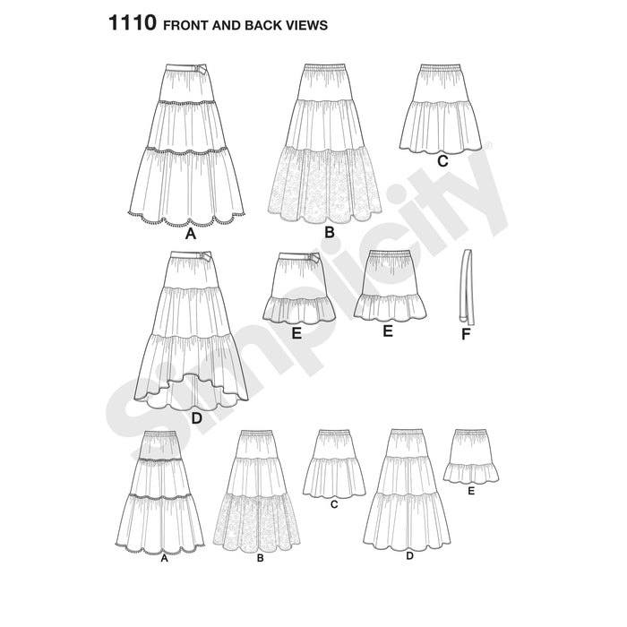 1110 Misses' Tiered Skirt with Length Variations. Size: XXS-XXL (30-52)