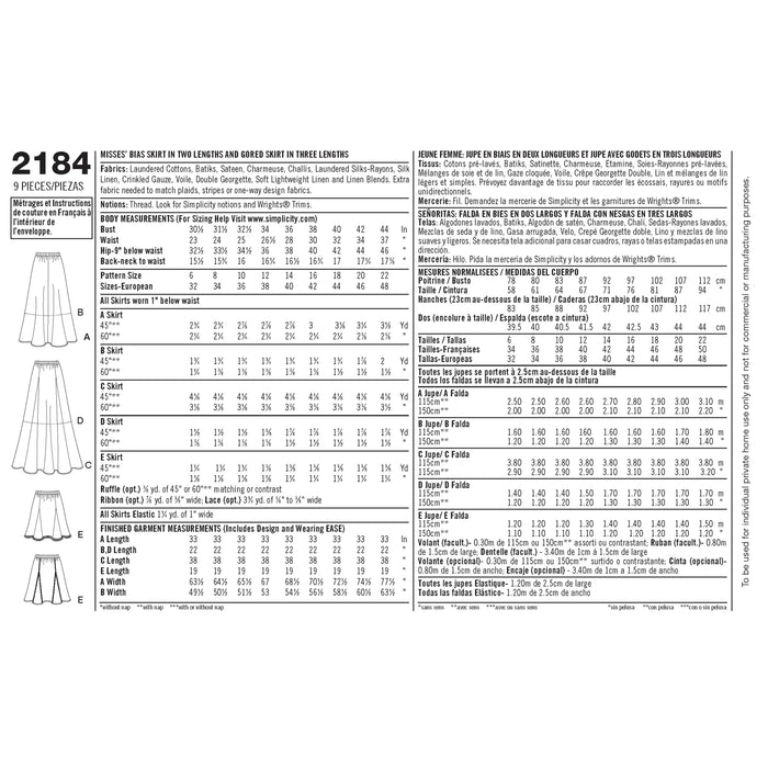 2184 Misses' Skirts. Size: 32-48
