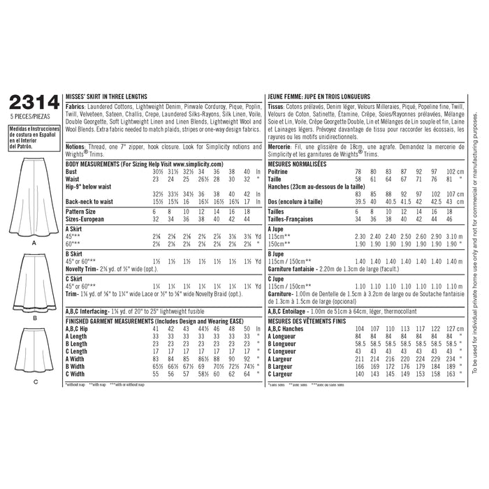 2314 Misses' Skirts. Size: 32-44