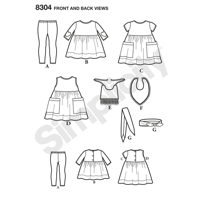 8304 Babies' Leggings, Top, Dress, Bibs and Headband. Size: XXS-L (0-18 m)
