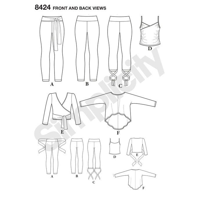 8424 Misses' Knit Leggings in Two Lengths and Three Top Options. Size: XXS-SSL (30-52)