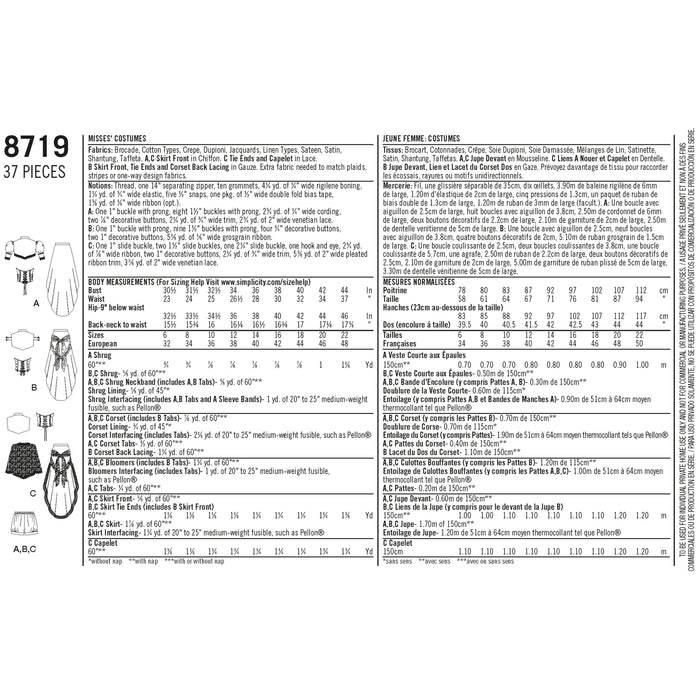 8719 Misses' Costumes. Size: 32-48