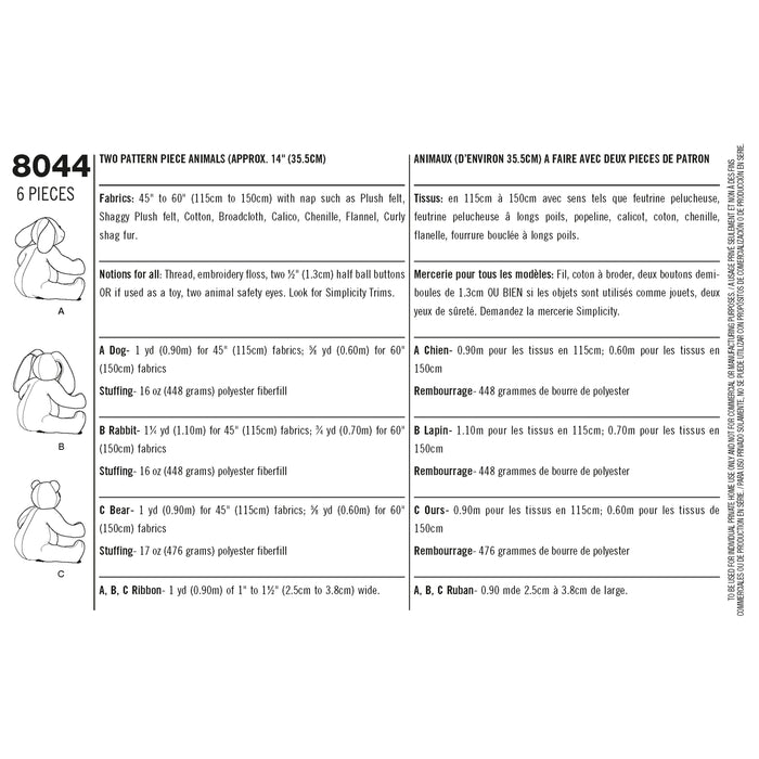 8044 Two-Pattern Piece Stuffed Animals. Size: One Size