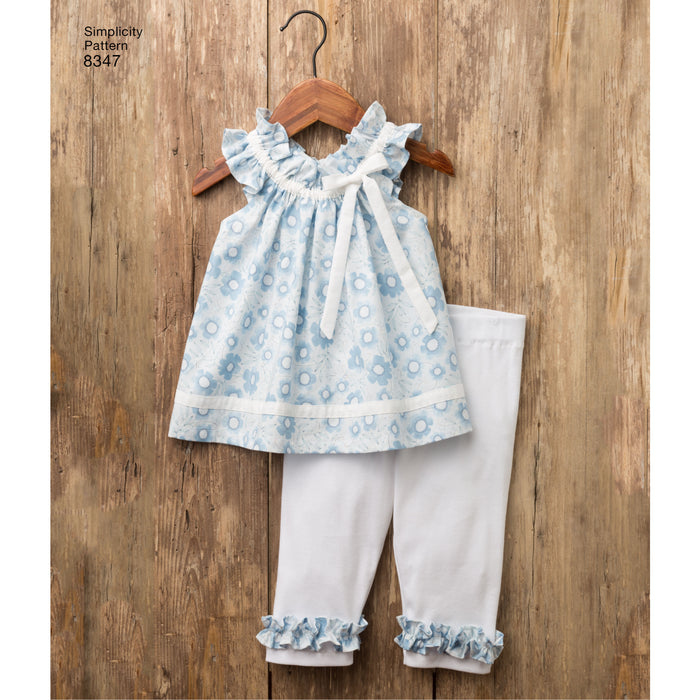 8347 Toddlers' Dress, Top, Knit Capris, and Stuffed Bunny. Size: 6 m-4 y