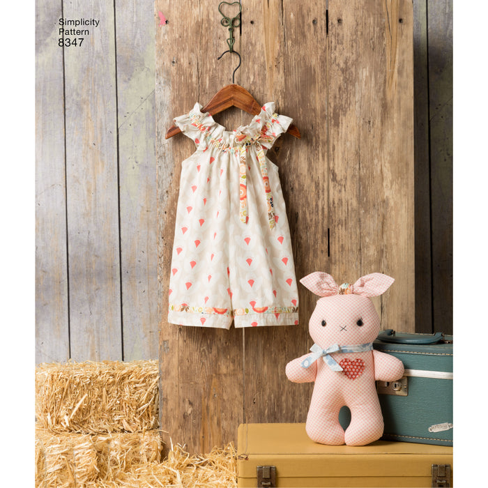 8347 Toddlers' Dress, Top, Knit Capris, and Stuffed Bunny. Size: 6 m-4 y