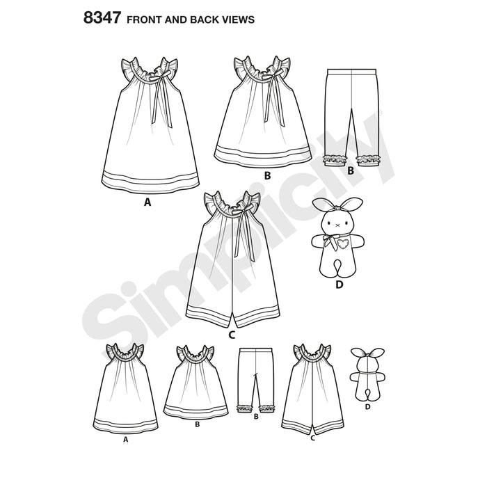 8347 Toddlers' Dress, Top, Knit Capris, and Stuffed Bunny. Size: 6 m-4 y