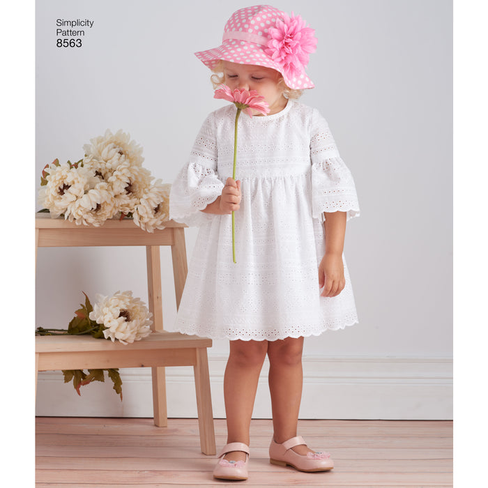 8563 Toddler Dresses and Hat. Size: 6 m-4 y