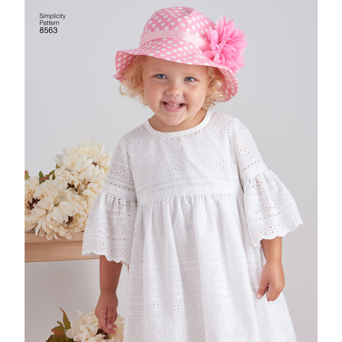 8563 Toddler Dresses and Hat. Size: 6 m-4 y