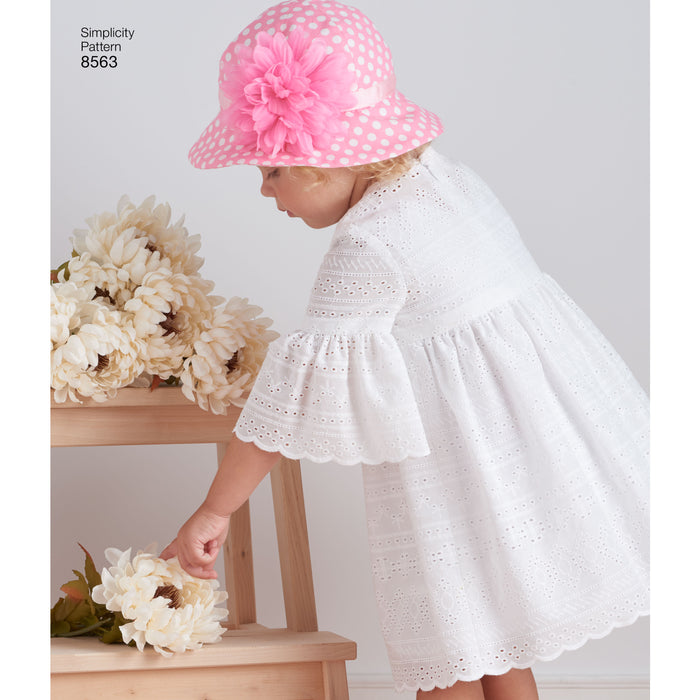 8563 Toddler Dresses and Hat. Size: 6 m-4 y