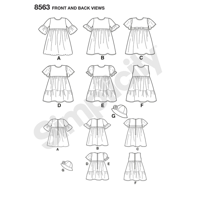 8563 Toddler Dresses and Hat. Size: 6 m-4 y