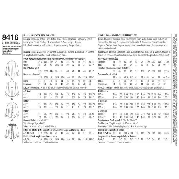 8416 Misses' Shirt with Back Variations. Size: 32-50