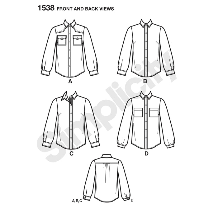 1538 Misses' Button Front Shirt. Size: 32-48
