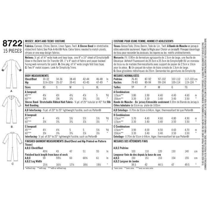 8722 Misses', Men's, and Teens' Costumes. Size: XS-XL