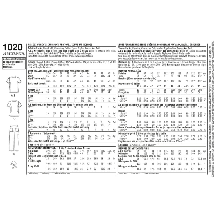 1020 Misses' and Plus Size Scrubs. Size 36-54