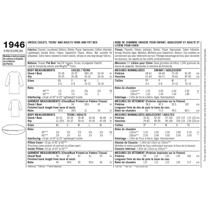 1946 Learn to Sew Child's Teen's & Adults' Robe. Size: Kid´s XS-L (4-16 y) / Adults XS-XL